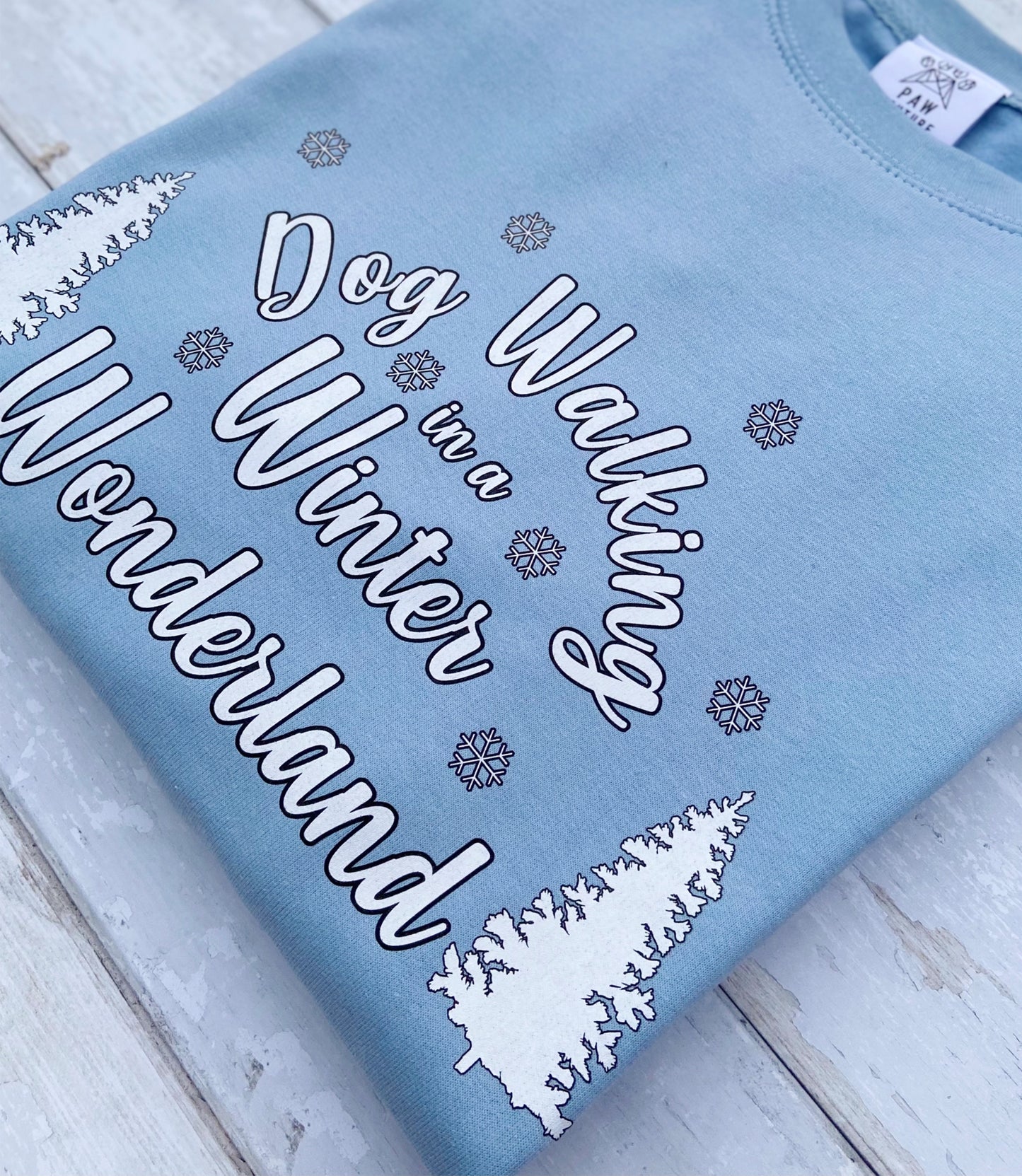 Dog Walking in a Winter Wonderland Blue sweatshirt