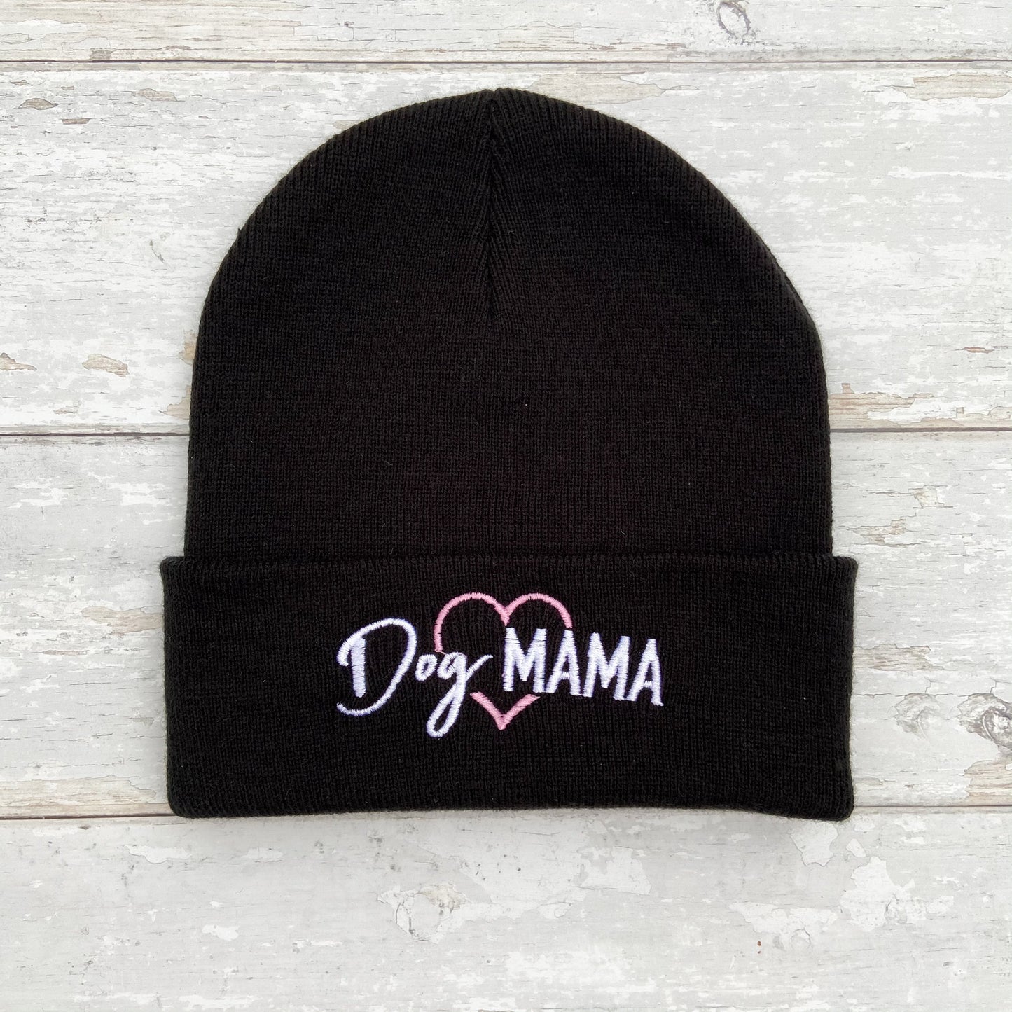 Dog Mama Embroidered Black Beanie Hat