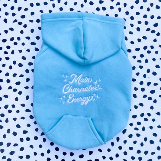 Main Character Energy Turquoise Embroidered Zip up Dog Hoodie