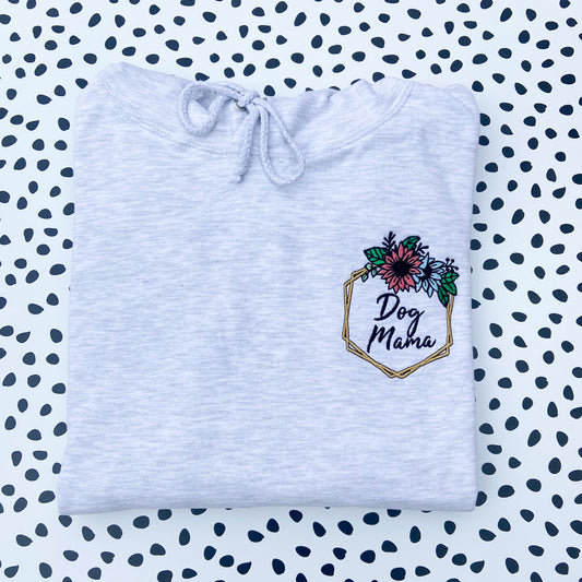 Dog Mama Floral Embroidered Ash Grey Hoodie
