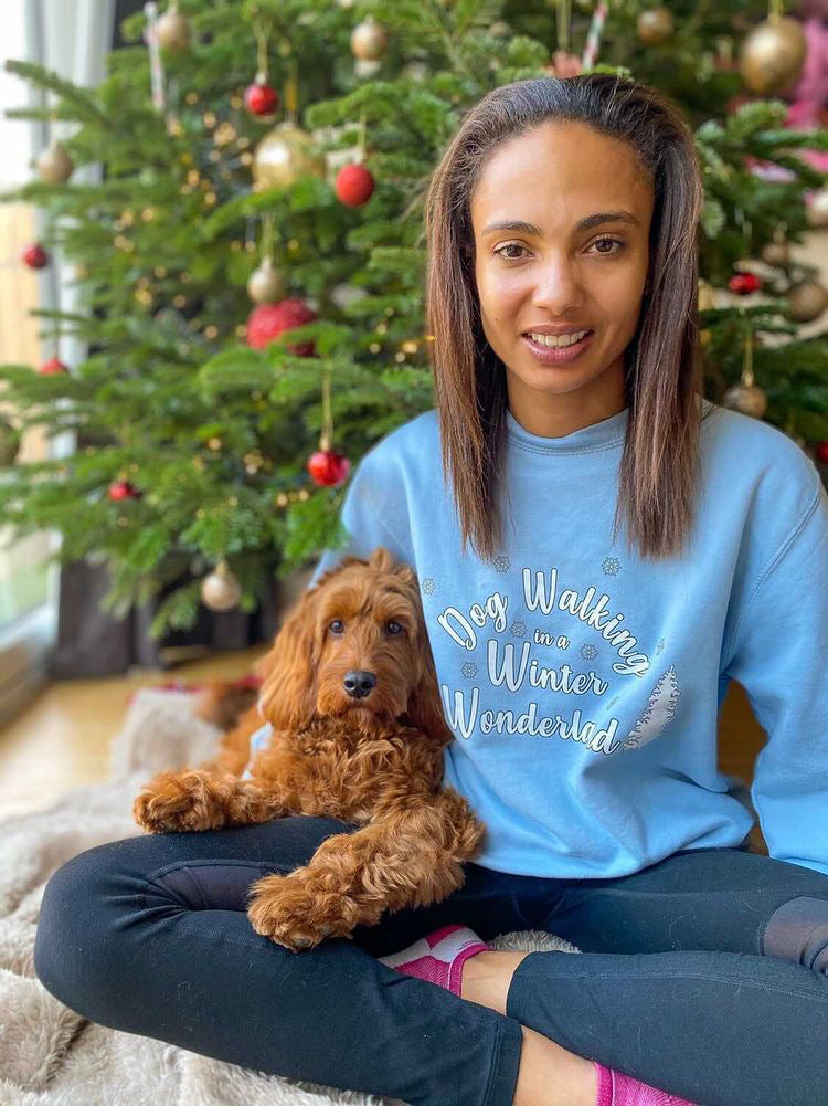 Dog Walking in a Winter Wonderland Blue sweatshirt