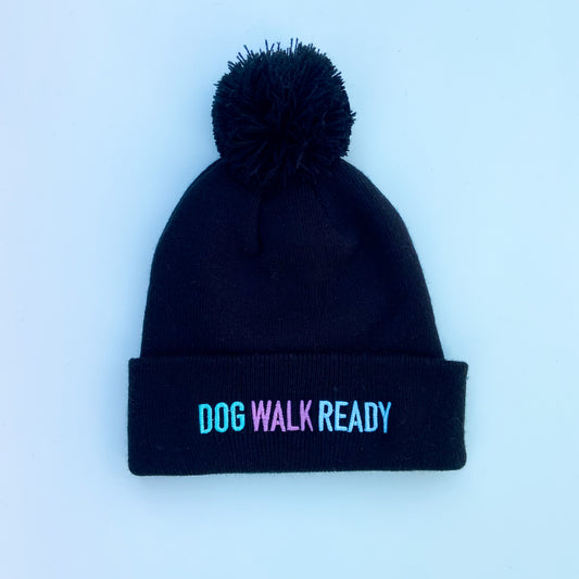 Dog Walk Ready Embroidered Black Beanie Hat