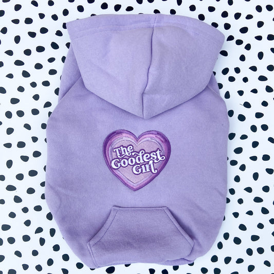 The Goodest Girl Lilac Embroidered Zip up Dog Hoodie