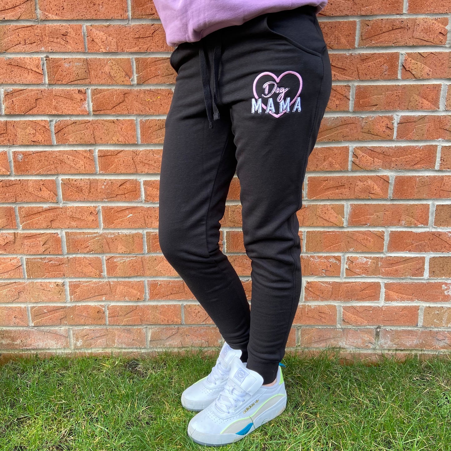 Dog Mama Embroidered Slim Fit Black Joggers