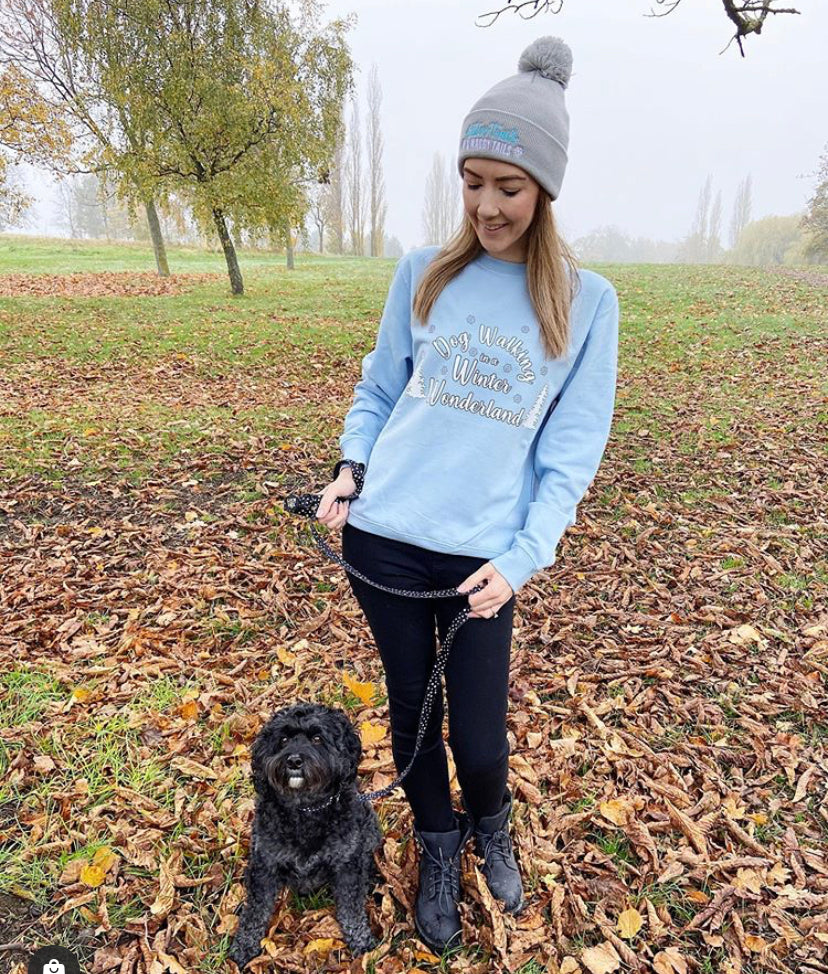 Dog Walking in a Winter Wonderland Blue sweatshirt