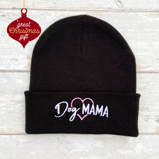 Dog Mama Embroidered Black Beanie Hat