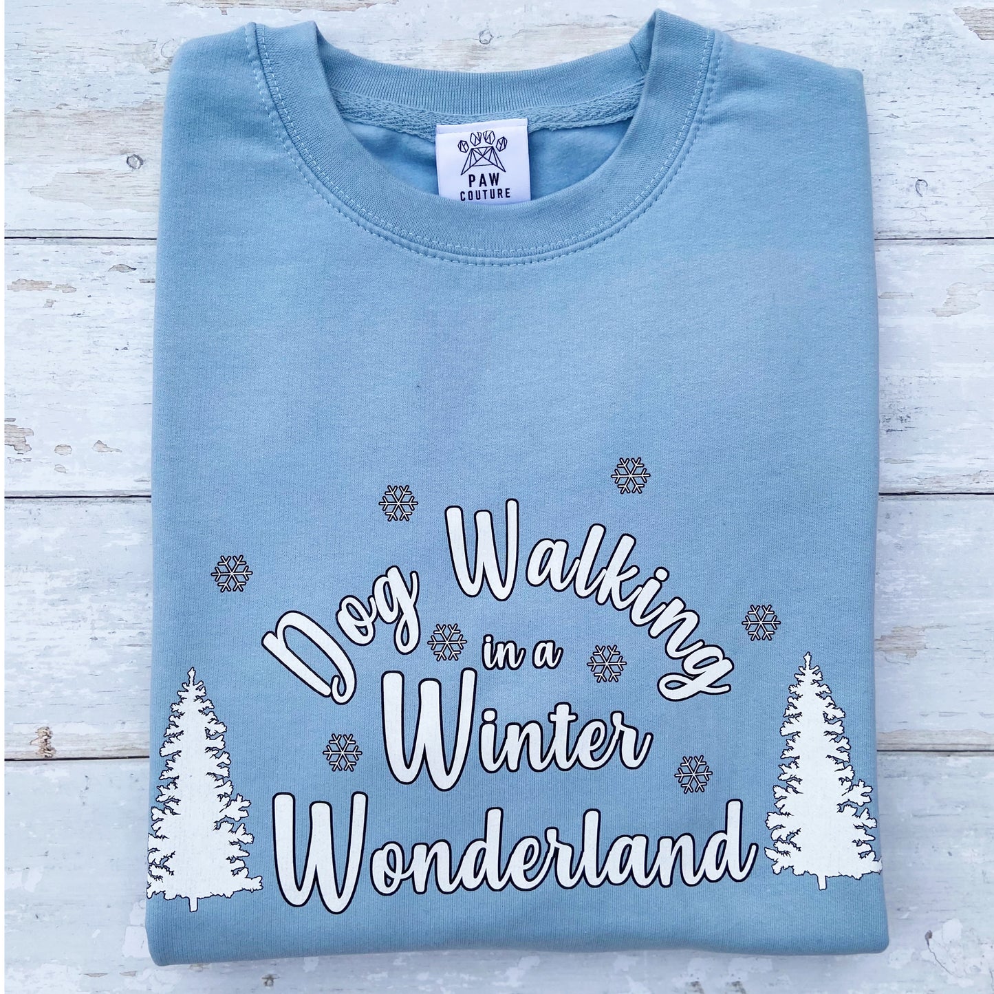 Dog Walking in a Winter Wonderland Blue sweatshirt