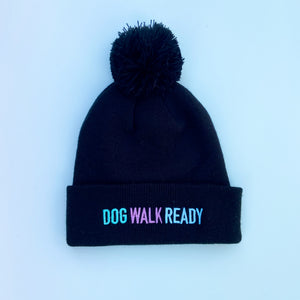 Dog Walk Ready Embroidered Black Beanie Hat