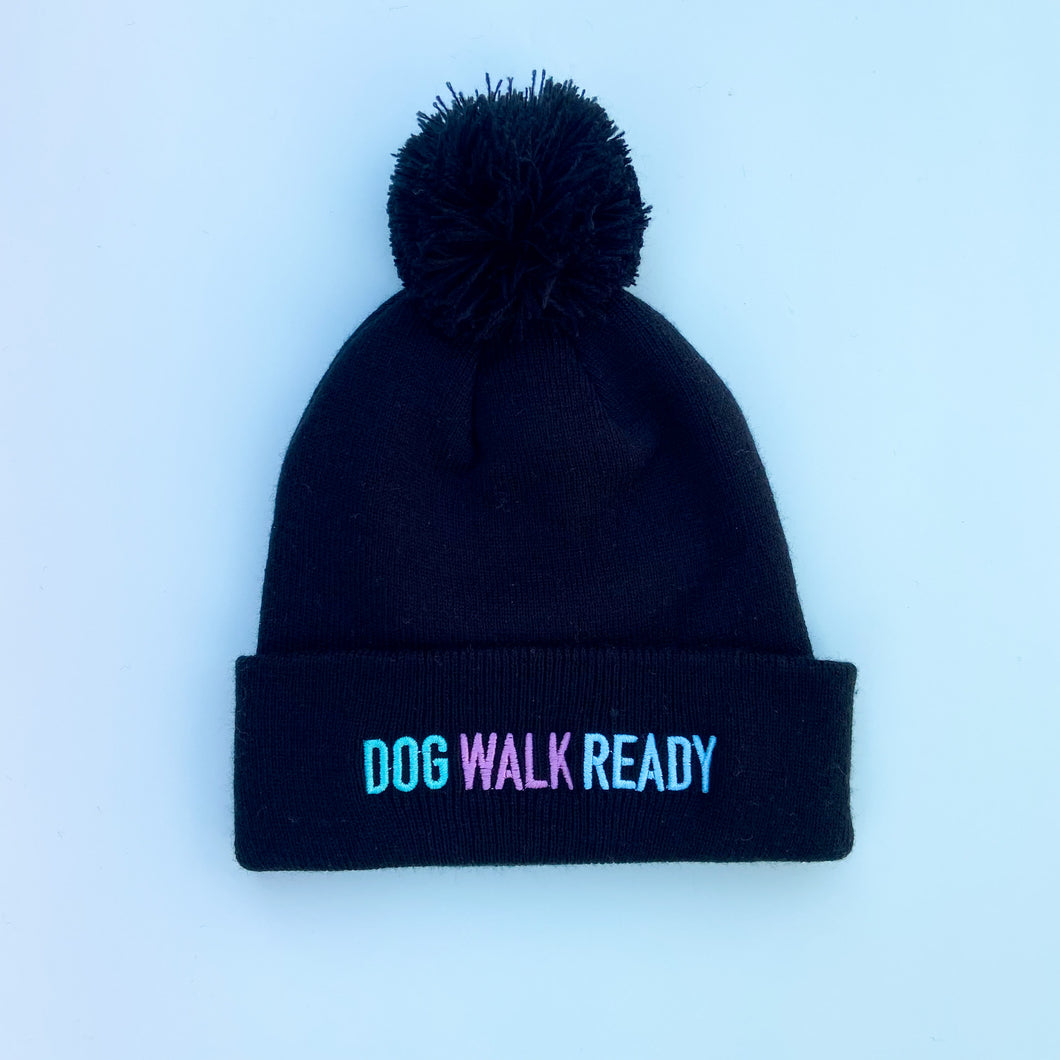 Dog Walk Ready Embroidered Black Beanie Hat