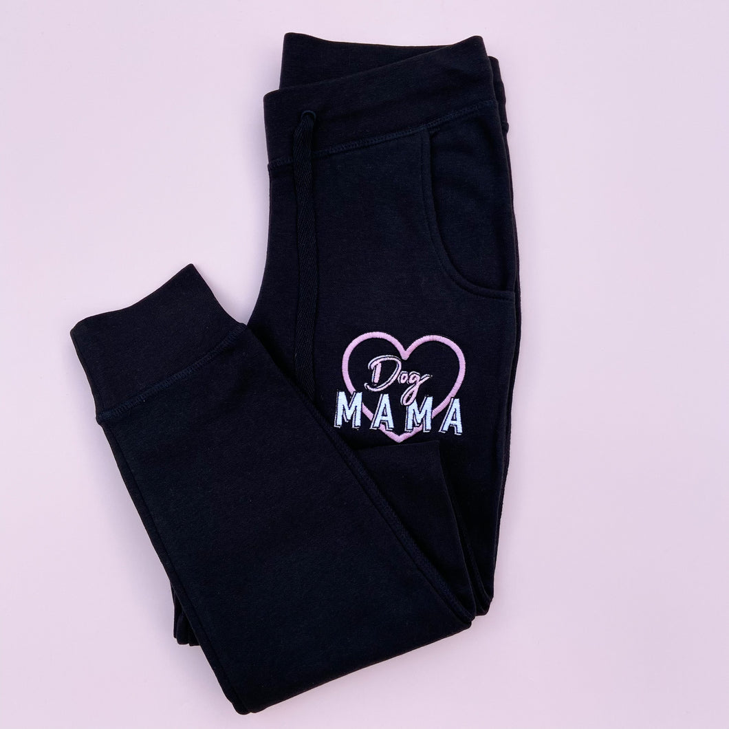 Dog Mama Embroidered Slim Fit Black Joggers